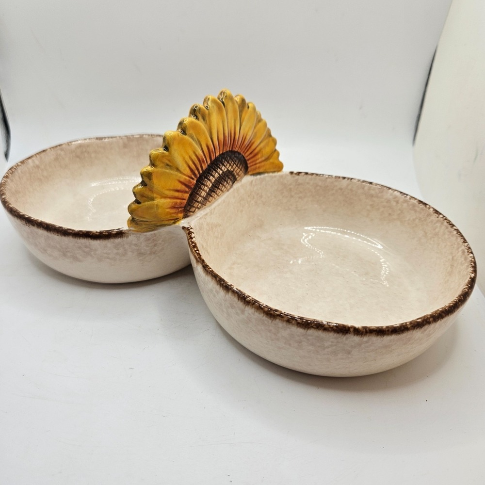 Grasslands Road Sunflower Double Dip Serving Bowl Ceramic Fall Thanksgiving Dish
